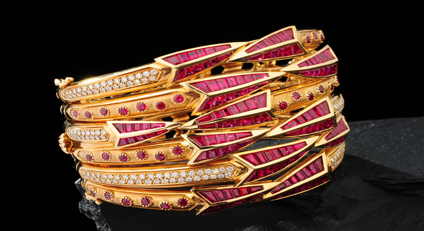 18K Yellow Gold with Ruby and Diamond Bangle
