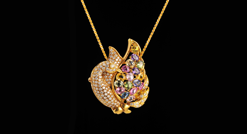 18K Yellow Gold with Fancy Sapphire and Diamond Pendant