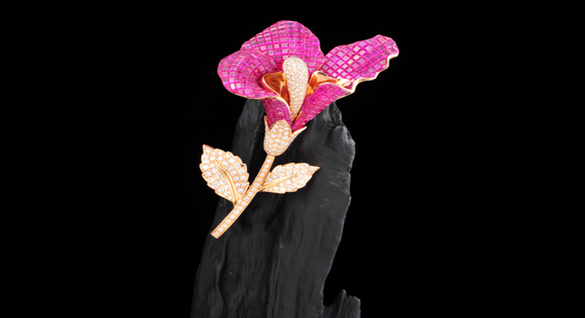 18K Pink Gold with Ruby and Diamond Brooch