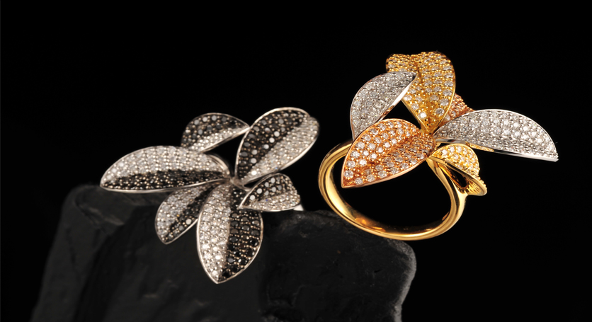 18K White Gold with Black and White Diamond Ring + 18K White, Pink and Yellow Gold with Diamond Ring