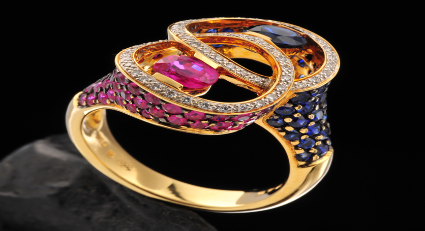 18K Yellow Gold with Sapphire, Pink Sapphire and Diamond Ring